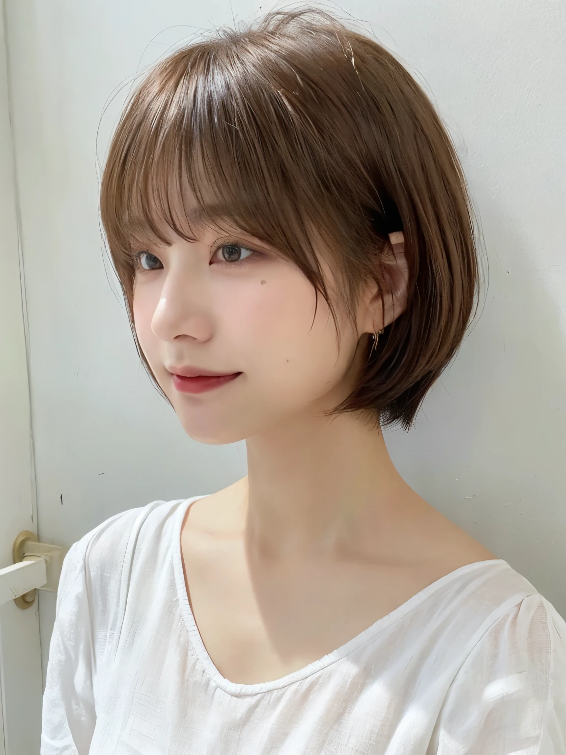 (highest quality、8K、32K、masterpiece、nffsw:1.2)、photo of cute japanese woman、very short bobbed hair、Upper body、necklace、shot from above、don't look at the audience、(realistic、Photoreal:1.37)、1 girl、Shot in natural light、Physically based rendering、excellent image quality、High resolution、1080P、(Detailed facial description)、(detailed description of hands)、(Detailed CG)、rich details、(exquisite features)、(best image quality)、(masterpiece)、(detailed eye)、delicate clavicle、Versatile poses、profile、white wall、Taken in front of the white door、(窓のあるwhite wallの部屋)、earrings、laughter、Spring clothes、 shortcut、short hair、((white blouse))、((highlight hair))、((put mesh in hair))、((blonde and dark brown hair color))