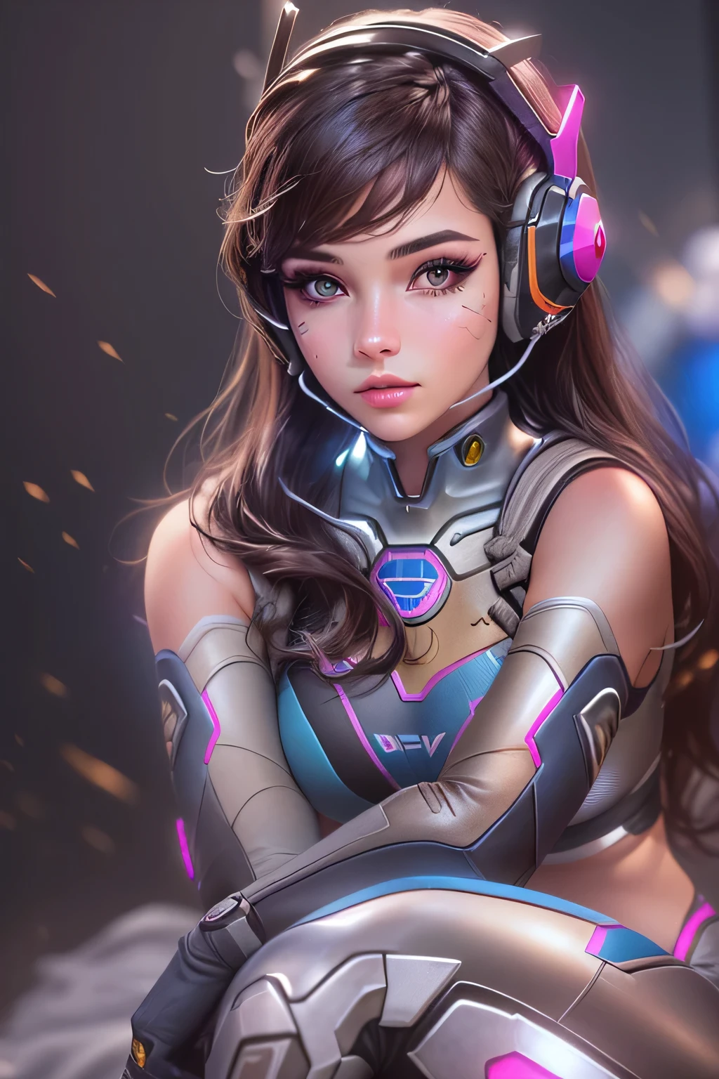 1girl, D.va , overwatch, reflective, glistening skin, studio, super detailed, HD, visible pores, perfect hair, very detailed hair, perfect, very beautiful, a hyper realistic, masterpiece, highly detailed, cinematic lighting, ray tracing, cinematic composition. award winning photo, high contrast, light sparkles, clear face, beautiful dark brown eyes, eyes match, perfect eyelashes