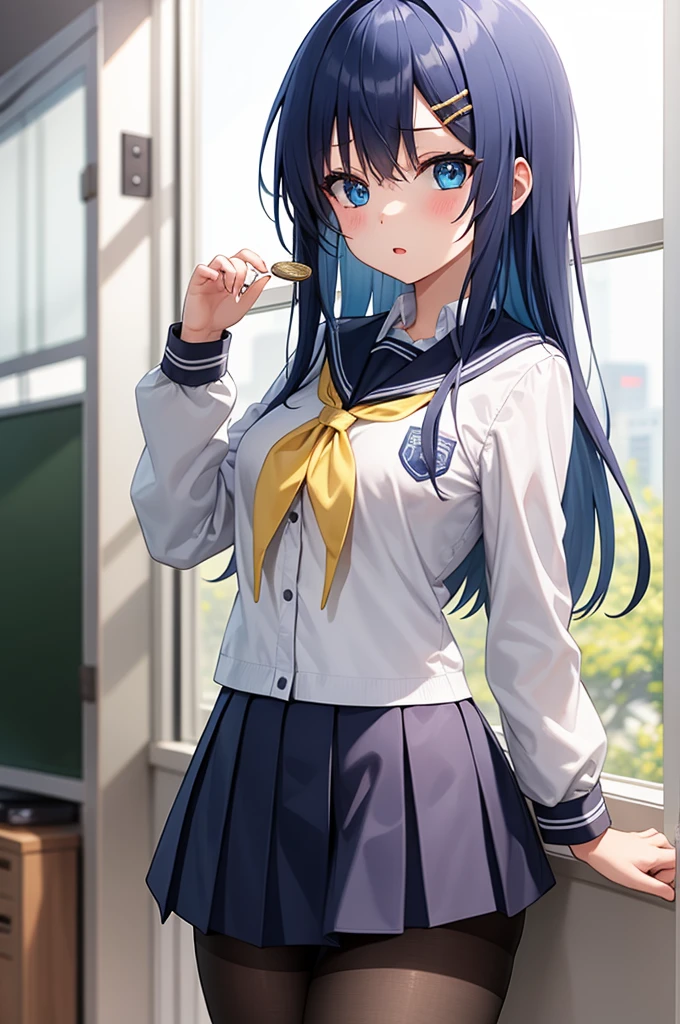 1girl,
kotone, blue eyes, blue hair, long hair, coin hair ornament, hairclip, long sleeves, pantyhose, school uniform, yellow neckerchief, pleated skirt, best quality, masterpiece, highres,