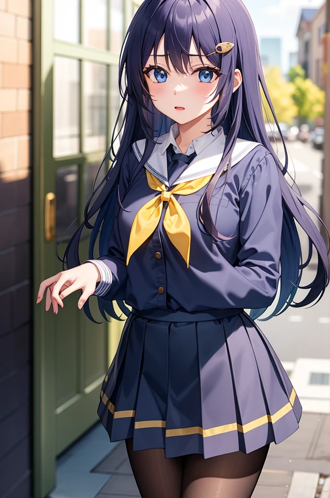 1girl,
kotone, blue eyes, blue hair, long hair, coin hair ornament, hairclip, long sleeves, pantyhose, school uniform, yellow neckerchief, pleated skirt, best quality, masterpiece, highres,