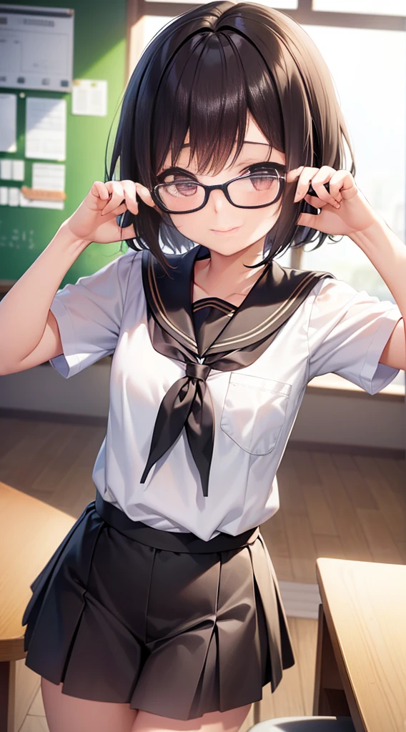 (masutepiece, Best Quality, Capture super cute moments, depth of fields, ultra-detailliert, Ultra High Resolution, C4D, Octadale, 3D Modeling, 8K, 16 K, one girls、a 、A dark-haired、short-hair、straight haired、Light brown eyes,hair adornments、wearing black glasses、A smile)、Cat Pose、a sailor suit、‎Classroom