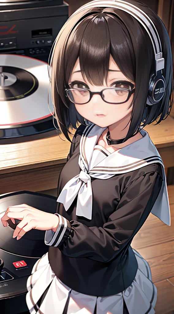 (masutepiece, Best Quality, Capture super cute moments, depth of fields, ultra-detailliert, Ultra High Resolution, C4D, Octadale, 3D Modeling, 8K, 16 K, one girls,a junior high school student, ,A dark-haired,short-hair,straight haired,Light brown eyes, horseshoe-shaped hairband,wearing black glasses,Cute face)、a sailor suit、Wearing headphones around your neck、live house、mixer、turntable