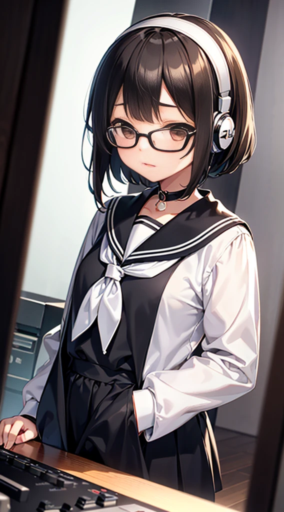 (masutepiece, Best Quality, Capture super cute moments, depth of fields, ultra-detailliert, Ultra High Resolution, C4D, Octadale, 3D Modeling, 8K, 16 K, one girls,a junior high school student, ,A dark-haired,short-hair,straight haired,Light brown eyes, horseshoe-shaped hairband,wearing black glasses,Cute face)、a sailor suit、Wearing headphones around your neck、live house、mixer、turntable