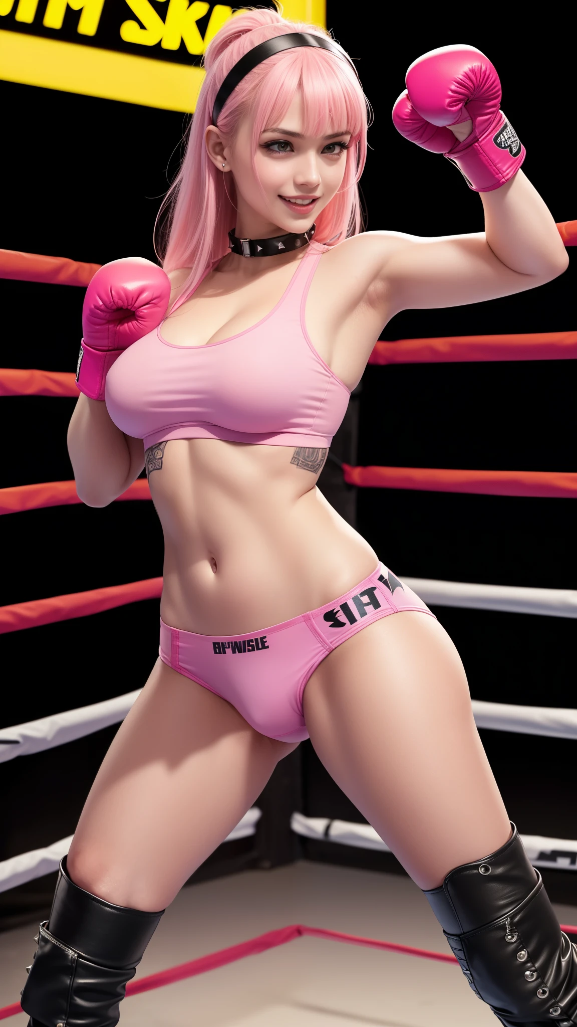 18year old Bollywood supermodel gorgeous face girl, ((top-quality)), ((masterpiece)), (high-detail:1.3), (upper body), (((front view))), Beautiful face (smiling:1.3), (naked:1.2!), ((woman wearing pink sports bra and pink boxing trunks)), ((studded dog collar)), ((sweatbands)), ((pink leather boots)), ((pink hairband)), (((gigantic breasts))), Slim waist, small buttocks, (Indian beauty), superfine illustration, exaggerated hair, ((long hair with bangs)), (no bra!), ((barechested!), boxing ring!, ((tattoo)), (((cuts and grazes on skin))), ((fighting stance!)), ((fists held in front of body)), ((angelic face)), ((neon signs))