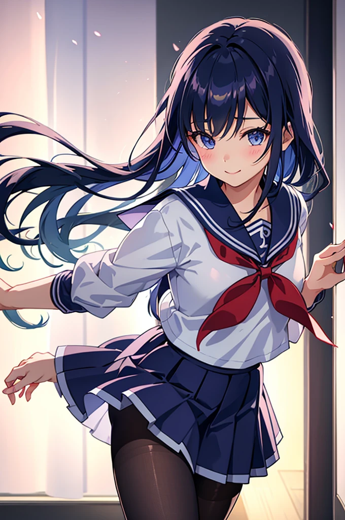 1girl, raiden mei, cowboy shot, looking at viewer, light smile, serafuku, sailor collar, pleated skirt, pantyhose, classroom, window, backlighting