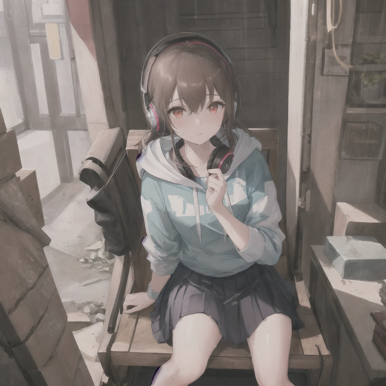 masterpiece, one girl, alone, incredibly absurd, hoodie, headphones, rain, neon,Future Soul Arts, Dirty woman sitting on chair in dilapidated house, wet and messy hair above the eyes,pleated skirt. vixip, Close-up scenery, hurt. hand drawn, cinematic lighting, very detailed. white, Brown, red. perfect composition, masterpiece, highest quality, 4K, sharp focus. perfect anatomy.