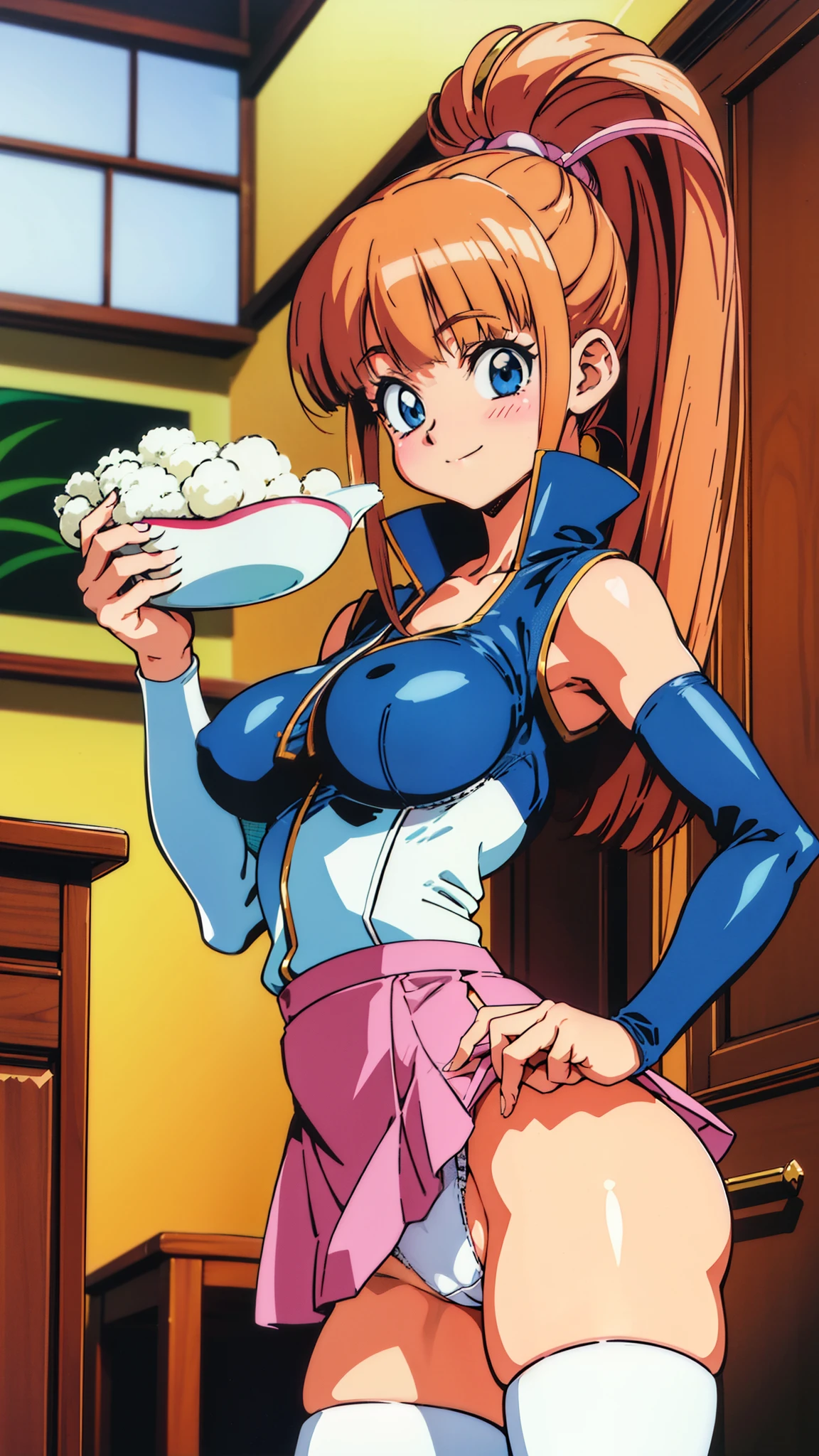 (1990s \(style\),1990s anime cels style, Cartoon style of the 1990s, flat color:1.3), vivid colors, best quality, high resolution, In the style of Nobuteru Yuki, blonde hair, blunt bangs, grey secretary, Inspired by Shirou Masamune, red glasserom behind, ass), (large breasts:1.2), grey pencil skirt, retro anime, sharp, Defined lines, Detailed, makeup, Beautiful face, gorgeous eyes, nose blush, smile, closed mouth, white thigh highs, looking down, white panties