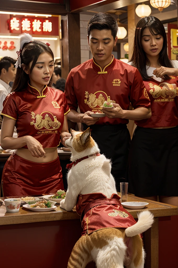 A  Chinese food commercial involving cats and dogs, excited about Chinese food, happy cheering, in Chinese resturant,