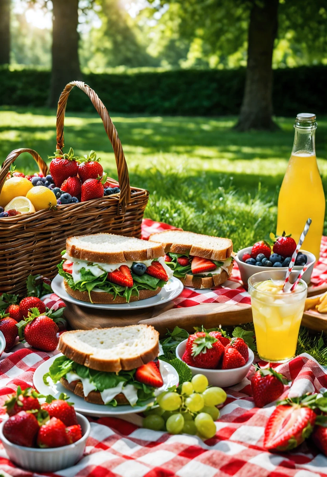 8k photo of a detailed and realistic image of a picnic scene. The setting is a sunny, serene park with lush green grass and tall, leafy trees providing dappled shade. In the center, there's a classic red and white checkered picnic blanket spread out on the ground. On the blanket, arrange an assortment of picnic foods: a wicker basket overflowing with fresh fruits like strawberries and grapes, a plate of sandwiches with various fillings, a bowl of mixed green salad, and a chilled bottle of sparkling lemonade with glasses. Include a group of four people, two adults and two children, sitting around the blanket. They should be dressed in casual summer clothes, happily interacting with each other, perhaps one of them is pouring lemonade while another is reaching for a sandwich. In the background, add a scene with a frisbee and a small, playful dog