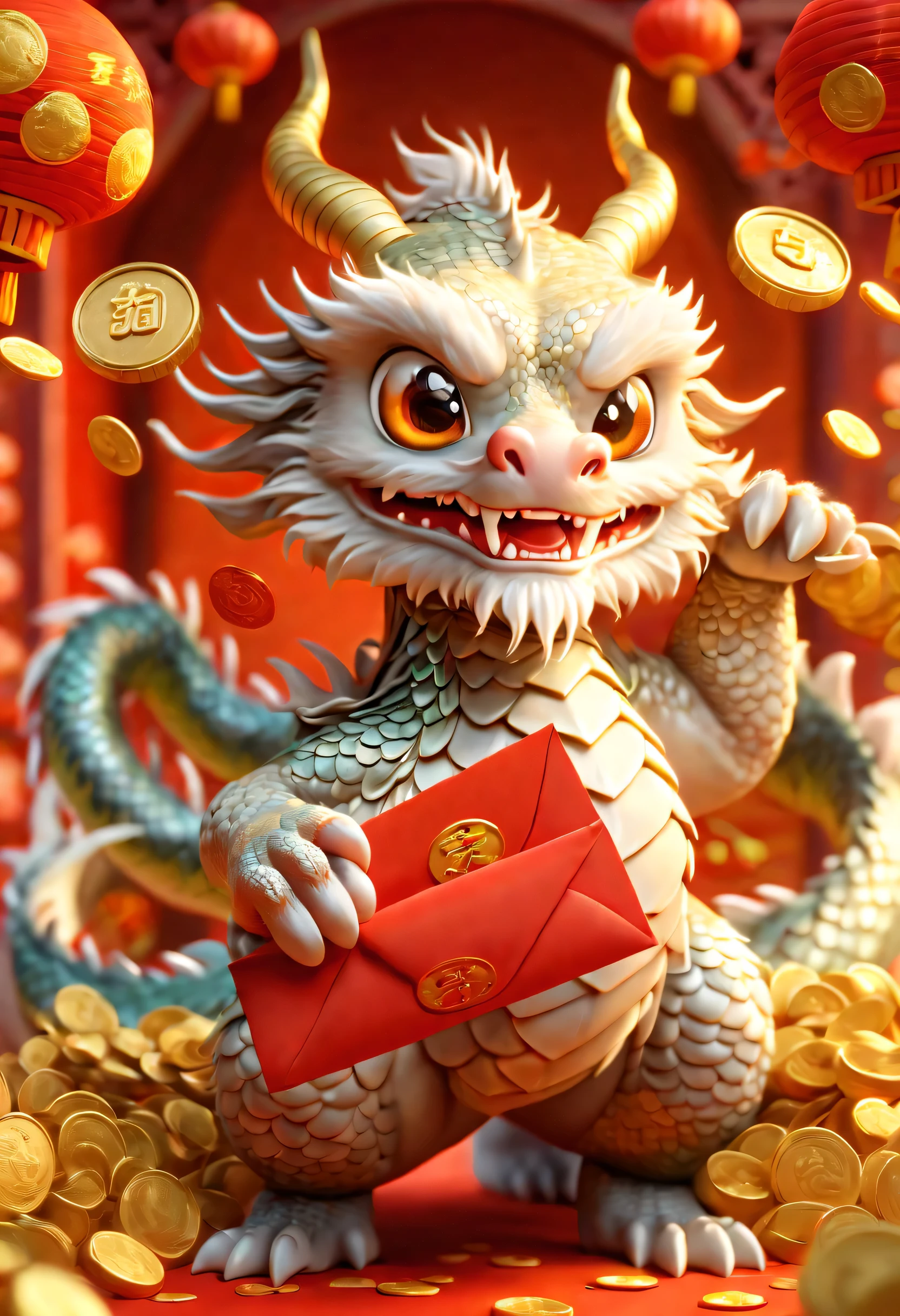 (best quality,high resolution,Super detailed),3d rendering,Cute Chinese dragon character,No wings, hapiness, fluffy, Grab red envelopes, There are coins flying around, blurred chinese element background, mascot.