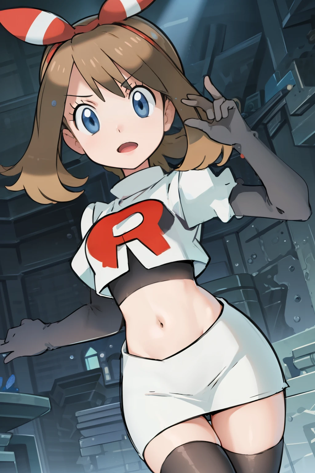 masterpiece, professional lighting, 1girl, adorable, expressive face,haruka_oras, solo, creative frame, creative shot, perfect lighting, best quality, masterpiece, light rays, (absurdres), perfect quality, hair bow, team rocket,team rocket uniform, red letter R, white skirt,white crop top,black thigh-highs,black elbow gloves