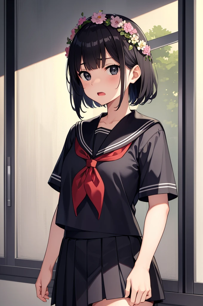 masterpiece,best quality,ultra detail, girl,***ite,sailor uniform,school garden, <lora:yudedako_v200:0.6>open mouth,shy,blush