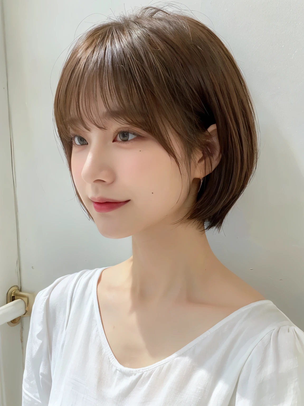 (highest quality、8K、32K、masterpiece、nffsw:1.2)、photo of cute japanese woman、very short bobbed hair、Upper body、necklace、shot from above、don't look at the audience、(realistic、Photoreal:1.37)、1 girl、Shot in natural light、Physically based rendering、excellent image quality、High resolution、1080P、(Detailed facial description)、(detailed description of hands)、(Detailed CG)、rich details、(exquisite features)、(best image quality)、(masterpiece)、(detailed eye)、delicate clavicle、Versatile poses、profile、white wall、Taken in front of the white door、(窓のあるwhite wallの部屋)、earrings、laughter、Spring clothes、 shortcut、short hair、((white blouse))、((highlight hair))、((put mesh in hair))、((blonde and dark brown hair color))