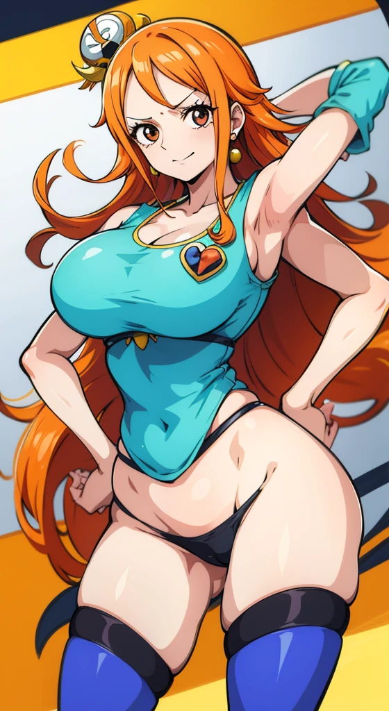 Generar una imagen realista de estilo anime de Nami de One Piece. Captura su apariencia distintiva con cabello naranja, una camisa, and a cheerful expression. Make sure the picture reflects your adventurous and confident personality as shown in the anime.., cuerpo completo, Plano amplio , NSFW, Curvy athletic body, Antecedentes de la isla,top de sujetador, falda, ojos naranjas, ojos naranjas, armpits