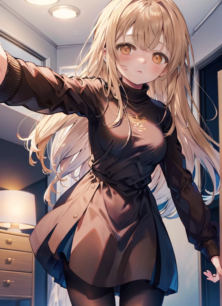 Mahirusha, Mahiru Shiina, blonde hair, (brown eyes:1.7),18-year-old, long hair, looking at the viewer, heart-shaped eyes, simultaneous, Medium chest, blush，show viewer, from below, concentrated, Beyond the particles of light, Love hotel bedroom, White Long Sweater,A finger is sticking out from the hem of the sweater,Black pantyhose,crotch,
break looking at viewer, whole body,break (masterpiece:1.2), highest quality, High resolution, unity 8k wallpaper, (figure:0.8), (beautiful and fine eyes:1.6), highly detailed face, perfect lighting, Very detailed CG, (perfect hands, perfect anatomy),