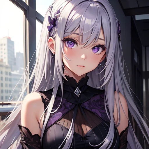 ((Highest quality)), ((masterpiece)), (detailed), Perfect Face, Perfect Arms, Perfect hands, Perfect Fingers, anime, Ultra-fine illustration, (One girl), cute, Gray Hair, Side bank hair with earrings, Purple Eyes, Gothic Lolita, Pink lipstick, Medium chest, (Put your hands behind your back), looking at the camera, Upper Body Shot, No background,