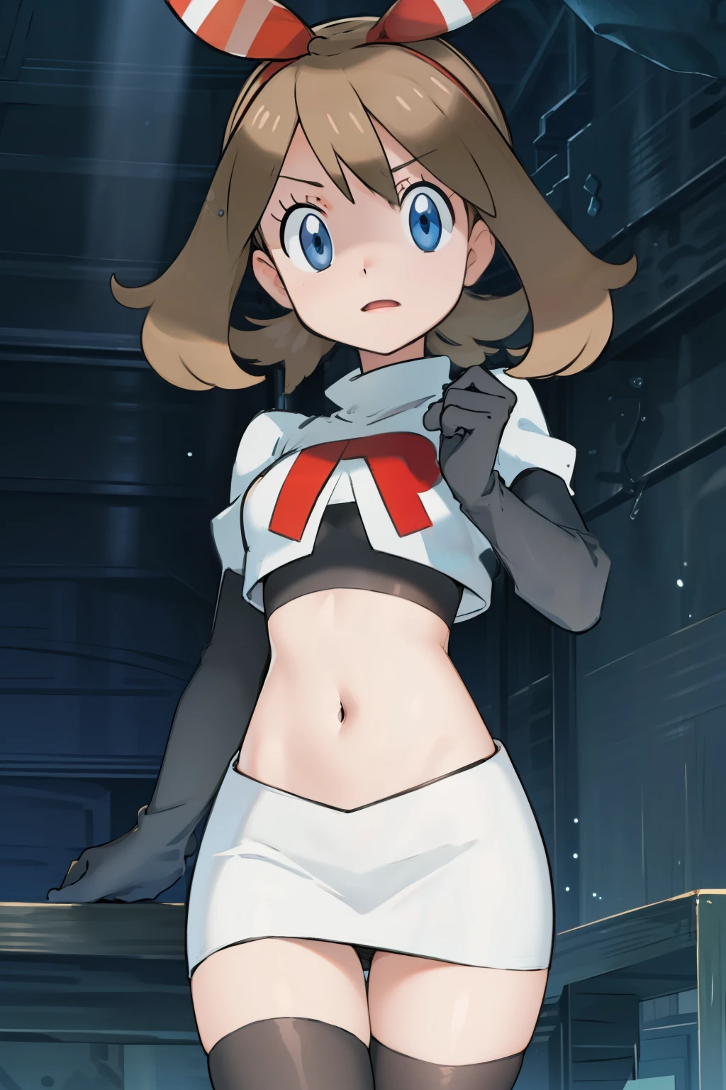 masterpiece, professional lighting, 1girl, adorable, expressive face,haruka_oras, solo, creative frame, creative shot, perfect lighting, best quality, masterpiece, light rays, (absurdres), perfect quality, hair bow, team rocket,team rocket uniform, red letter R, white skirt,white crop top,black thigh-highs,black elbow gloves