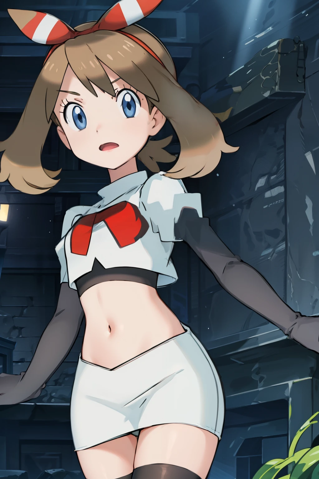 masterpiece, professional lighting, 1girl, adorable, expressive face,haruka_oras, solo, creative frame, creative shot, perfect lighting, best quality, masterpiece, light rays, (absurdres), perfect quality, hair bow, team rocket,team rocket uniform, red letter R, white skirt,white crop top,black thigh-highs,black elbow gloves