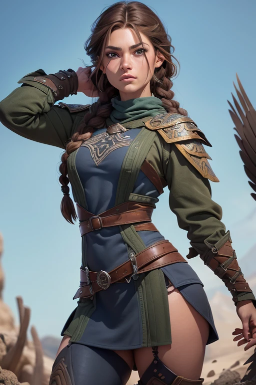 (Obra maestra, La mejor calidad) (young warrior woman of nordic descent), (ojos verdes), (Muscular), (falda de piel), (brown hair color),(loose hair with small braids on the scalp), (top con correa de cuero) plumas, capa sobre el hombro, bufas, (azul, gray and brown suit).