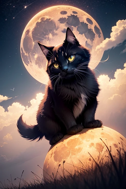 vast plain landscape、big full moon in the center、Silhouette of one very small black cat sitting on the horizon and looking at the full moon、Dandelion fluff flies left and right、Shoot with a wide-angle lens、((There are no humans))