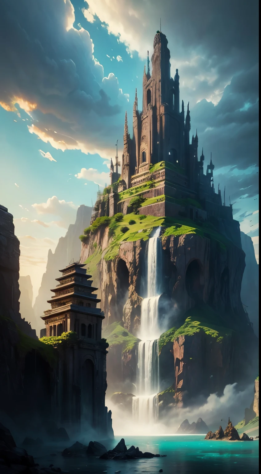 there is a large waterfall in the middle of a mountain, ancient city, epic matte painting of an island, the lost city of atlantis, an aztec city in a island lake, ancient city landscape, lost city of atlantis, marc simonetti. intricate, beautiful concept art, stunning concept art, highly realistic concept art, art style of marc simonetti