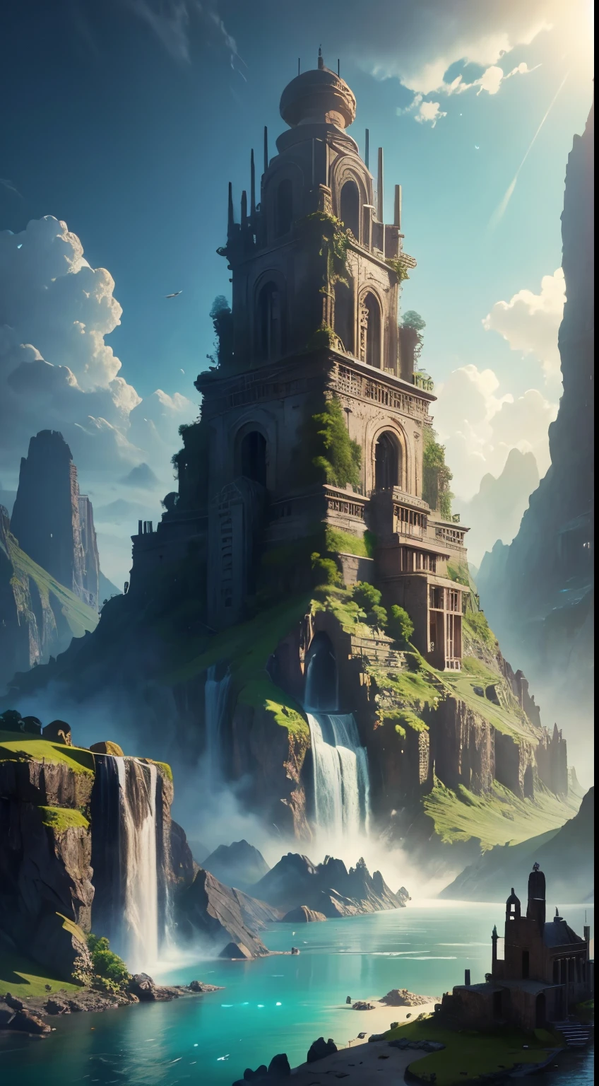 there is a large waterfall in the middle of a mountain, ancient city, epic matte painting of an island, the lost city of atlantis, an aztec city in a island lake, ancient city landscape, lost city of atlantis, marc simonetti. intricate, beautiful concept art, stunning concept art, highly realistic concept art, art style of marc simonetti
