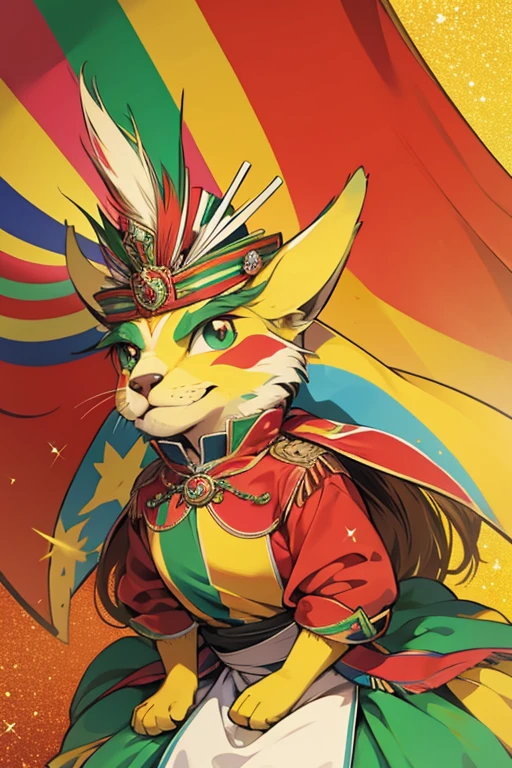 Bolivia mascot using the flag color royal red, yellow and green ; glitter