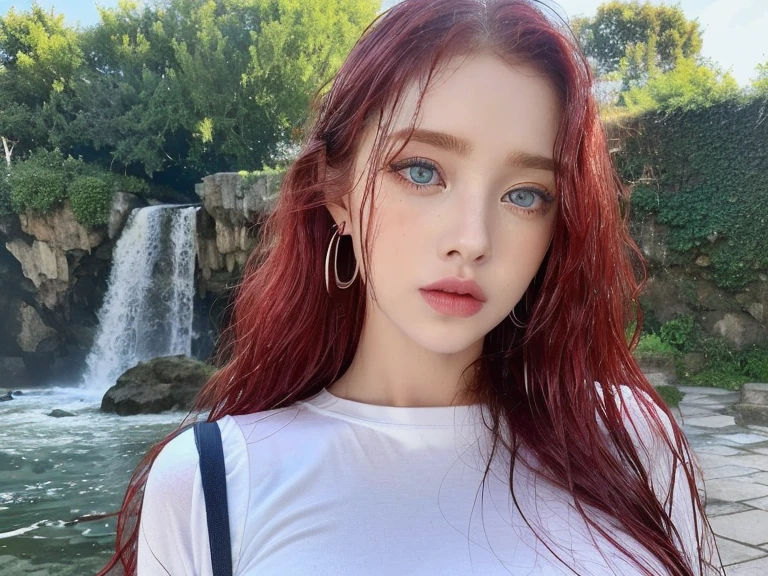 4 miniature Beautiful handsome woman, ((top quality, 8k, masterpiece:1.retty woman, 1woman, huge breasts:1.3, slender figure:1.1, elastic red long hair, (shower, wet body, wet clothes:1.1), very detailed face, detailed lips, detailed eyes, double eyelids, detailed blue eyes, extremely detailed outstanding blue eyes, red wet hair, red wet hair, detailed outstanding BLUE EYES, innocent stare at the viewer, extremely wet wavy red hair, detailed outstanding BLUE EYES, raining outside, huge earrings, Oasis, Waterfall, naked breasts