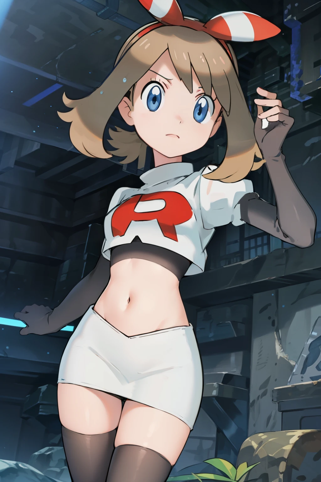 masterpiece, professional lighting, 1girl, adorable, expressive face,haruka_oras, solo, creative frame, creative shot, perfect lighting, best quality, masterpiece, light rays, (absurdres), perfect quality, hair bow, team rocket,team rocket uniform, red letter R, white skirt,white crop top,black thigh-highs,black elbow gloves