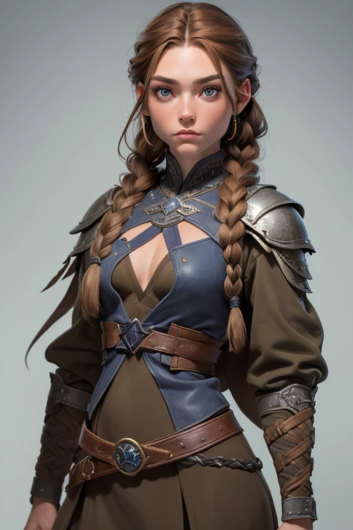 (Obra maestra, La mejor calidad) (young warrior woman of nordic descent), (ojos verdes), (Muscular), (falda de piel), (brown hair color),(loose hair with small braids on the scalp), (top con correa de cuero) plumas, capa sobre el hombro, bufas, (azul, gray and brown suit).