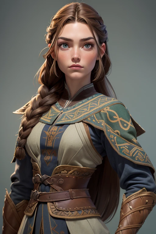 (Obra maestra, La mejor calidad) (young warrior woman of nordic descent), (ojos verdes), (Muscular), (falda de piel), (brown hair color),(loose hair with small braids on the scalp), (top con correa de cuero) plumas, capa sobre el hombro, bufas, (azul, gray and brown suit).