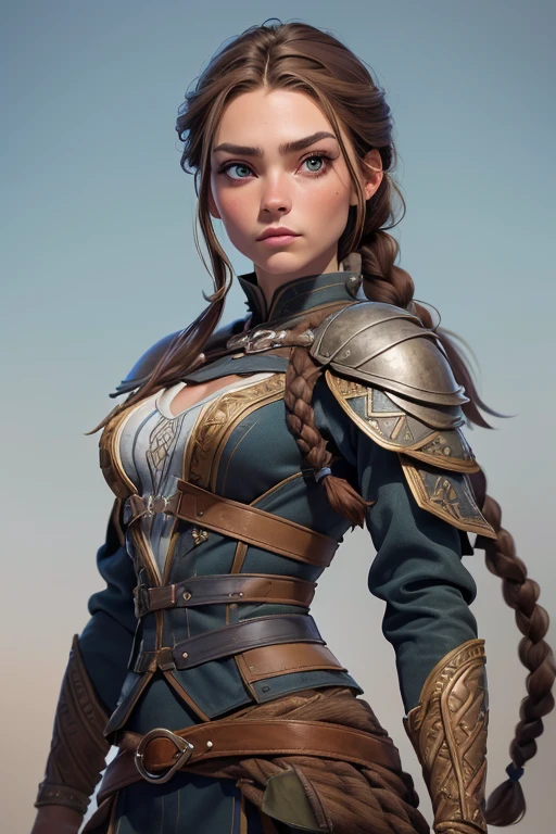 (Obra maestra, La mejor calidad) (young warrior woman of nordic descent), (ojos verdes), (Muscular), (falda de piel), (brown hair color),(loose hair with small braids on the scalp), (top con correa de cuero) plumas, capa sobre el hombro, bufas, (azul, gray and brown suit).