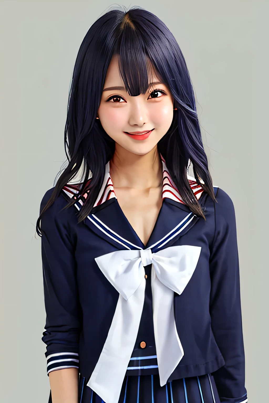 highest quality, masterpiece, High resolution, alone, (Idol Star Shiny Colors:1.1), 前hair, blush, black_hair, smile, looking at the viewer, (sailor suit, navy pleated skirt), break (flat chest:1.7)