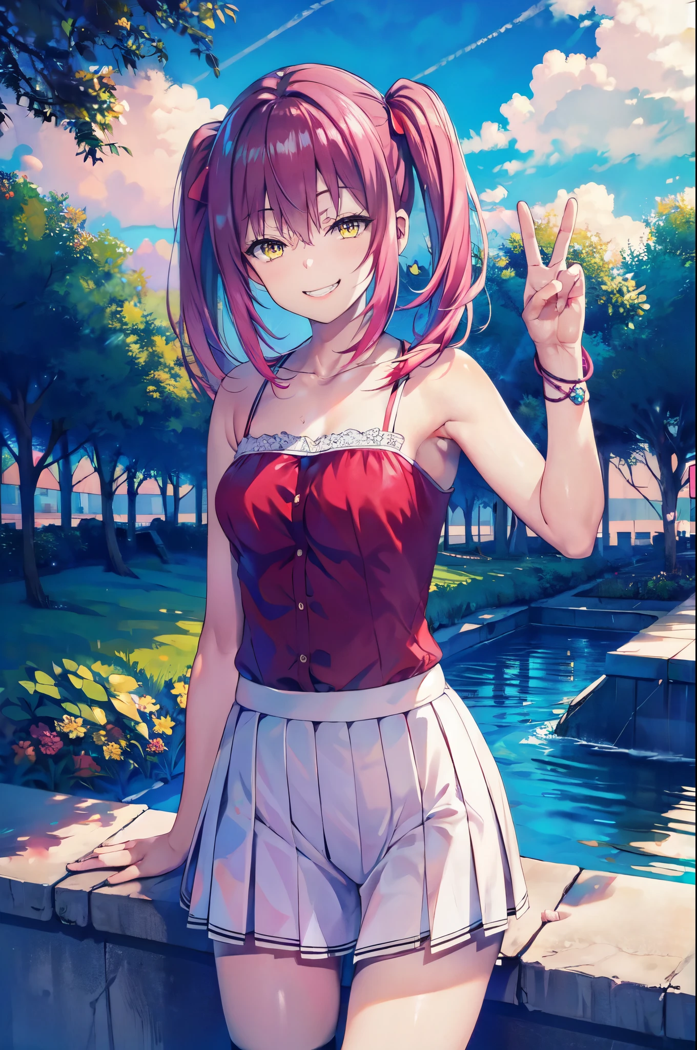 detailed, (masterpiece:1.2), (solo:1.2), (female), slender, (red hair), grin, teeth, winking, (camisole), short_skirts, outdoors, park, trees, lakes, bracelets, (one_eye_closed), (peace_sign), collarbone, cheerful, mischief, bare_shoulders, twintails, headtilt, yellow_eyes