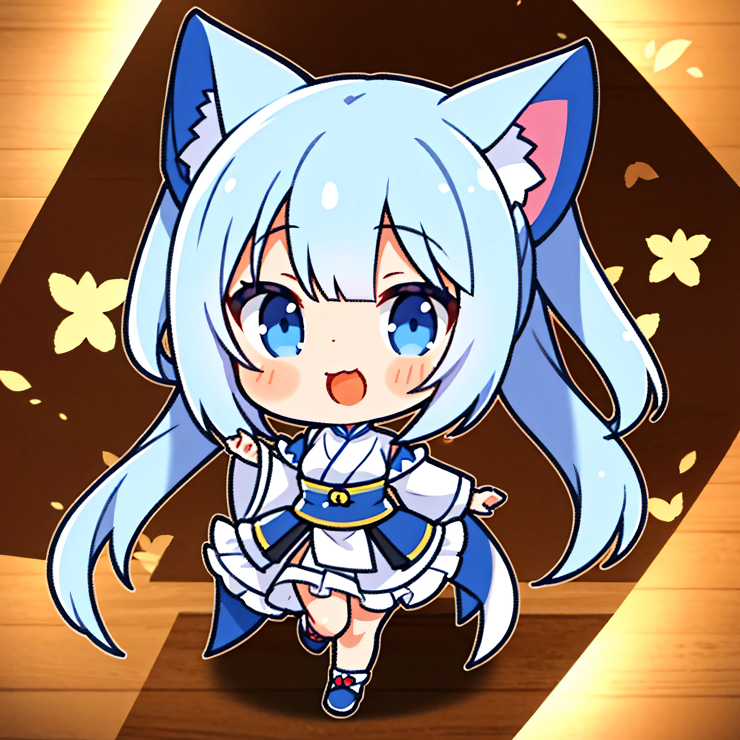 girl, White bob, blue eyes, pretty eyes, cat ears, Traditional Chinese Costumes, Exciting movement, SD Character, Close your eyes and smile brightly, hopping motion