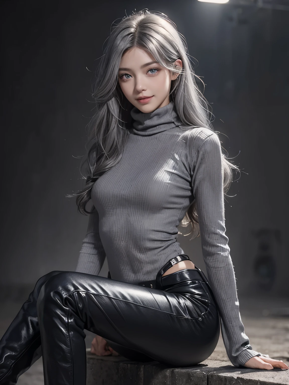 (anime, Unreal:1.2), (portrait:1.6), (brand collection, fashion brand theme:1.6), (detailed, beautiful, masterpiece, best quality:1.2), _ BREAK (1girl:1.2), 22 years old, 160 cm, Japanese cute model, Tightened all body, medium Breasts, small head, small face, diamond Face, small nose, Sharp Faceline, Detailed face, Detailed eyes, young hands and fingers, beautiful hands and fingers, five fingers, _ BREAK (happy, smile, Glossy Lips:1.3), (Light color lips, Half open mouth, beautiful Teeth:1.2), (dropy eyes, Double eyelid, light color eyes, Shiny eyes:1.5), Shiny skin, _ BREAK (arranged hairstyle:1.4), (gray hair:1.4), shiny hair, _ BREAK (gray simple blurry background:1.4), (mist, fog:1.4), _ BREAK (cowboy shot:1.4), (sitting on the block, sexy model pose:1.4), BREAK (Cyberpunk and wool fusion:1.3), ((wear an oversized wool turtleneck with rubberized surface) for a luxurious, futuristic, bodysuit, High legs, and warm feel:1.2), (large sleeves:1.2), (7/8 length:1.2), (simple yet cyberpunk-themed design:1.3),
BREAK (black and gray theme:1.2), (Low rise skinny pants with a subtle reflective pattern:1.2), (ankle boots with sleek metal details:1.2), (edgy and versatile:1.2),
