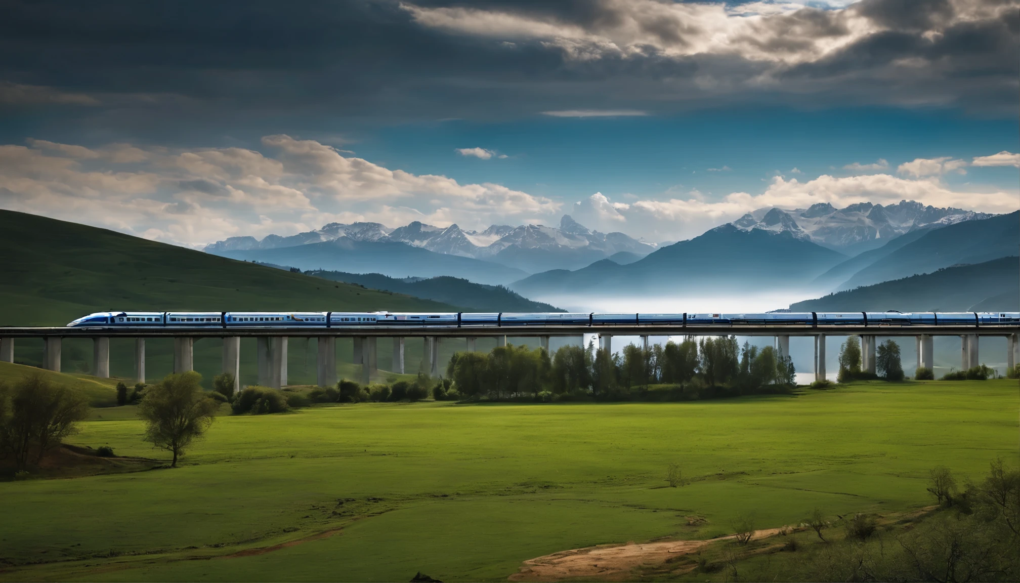 The high-speed train passes on the red viaduct in the distance,Red China high-speed train in the distance,Hareful,Tibetan antelope,yak,青藏plateau生物,青藏plateau植物正午阳光,超精细grassland,ue5 rendering light,Highly detailed clouds,plateau,low vanishing point,Low angle viewing angle,look up to,{{{masterpiece}}}、{{best quality、A super detailed illustration、beautiful shrub}}、{very delicate light}、{nature}、{{Delicate starry sky、more transparent clouds、high quality clouds、优质的grassland、very fine 8KCG wallpaper}}、(plateau场景)、sunrise、randomly distributed clouds、(grassland)、青藏plateau、(sunny)、((shimmer)),glowing particles,Low angle viewing angle,Low angle viewing angle,low vanishing point,