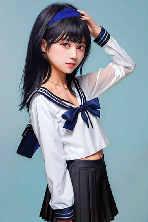 highest quality, masterpiece, High resolution, alone, (Idol Star Shiny Colors:1.1), bangs, (black hair:1.1), looking at the viewer, (sailor suit, navy pleated skirt), BREAK (flat chest:1.7)
