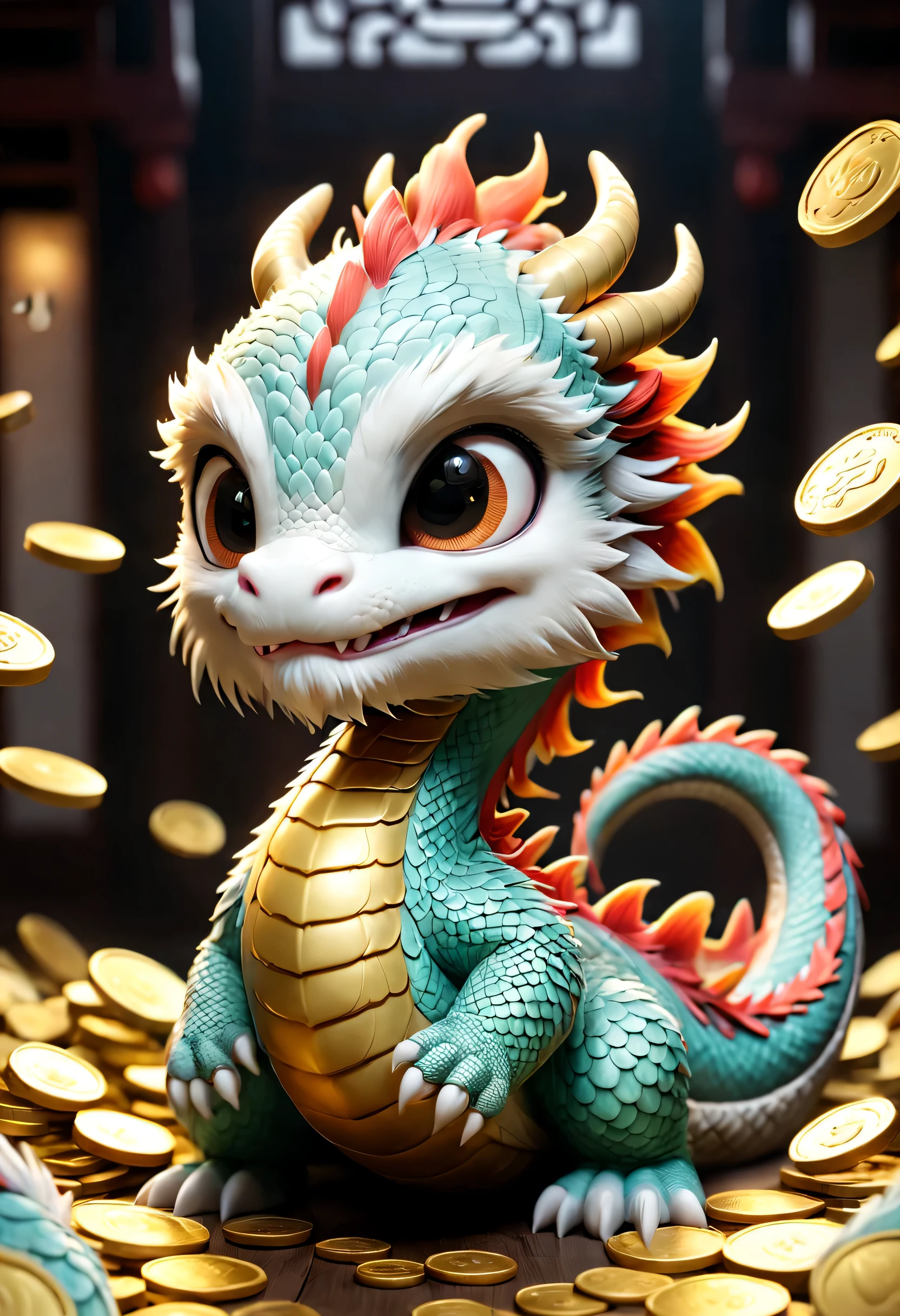 （best quality，high-rise：1.2），super detailed，lifelike。（白色cartoon龙，Oriental Dragon，mascot，happiness和愚蠢的表情，cute chinese dragon，cartoon，happiness，Tang suit，hairy。）。（Holding a box of gold coins，There are many gold coins in the air。）simple blurr background，symmetry。