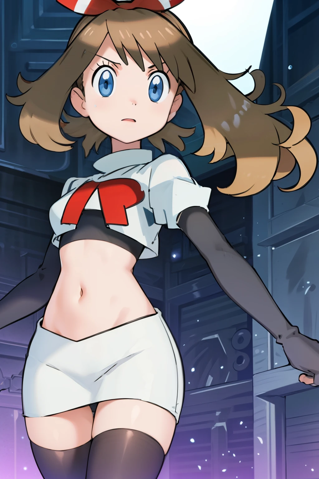 masterpiece, professional lighting, 1girl, adorable, expressive face,haruka_oras, solo, creative frame, creative shot, perfect lighting, best quality, masterpiece, light rays, (absurdres), perfect quality, hair bow, team rocket,team rocket uniform, red letter R, white skirt,white crop top,black thigh-highs,black elbow gloves