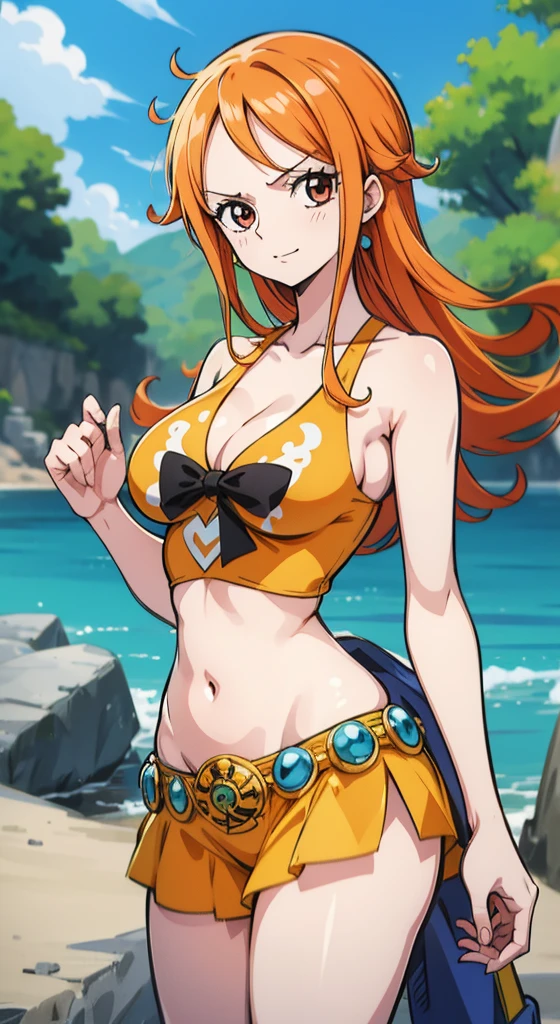 Generar una imagen realista de estilo anime de Nami de One Piece. Captura su apariencia distintiva con cabello naranja, una camisa, and a cheerful expression. Make sure the picture reflects your adventurous and confident personality as shown in the anime.., cuerpo completo, Plano amplio , NSFW, Curvy athletic body, Antecedentes de la isla,top de sujetador, falda, ojos naranjas, ojos naranjas, armpits