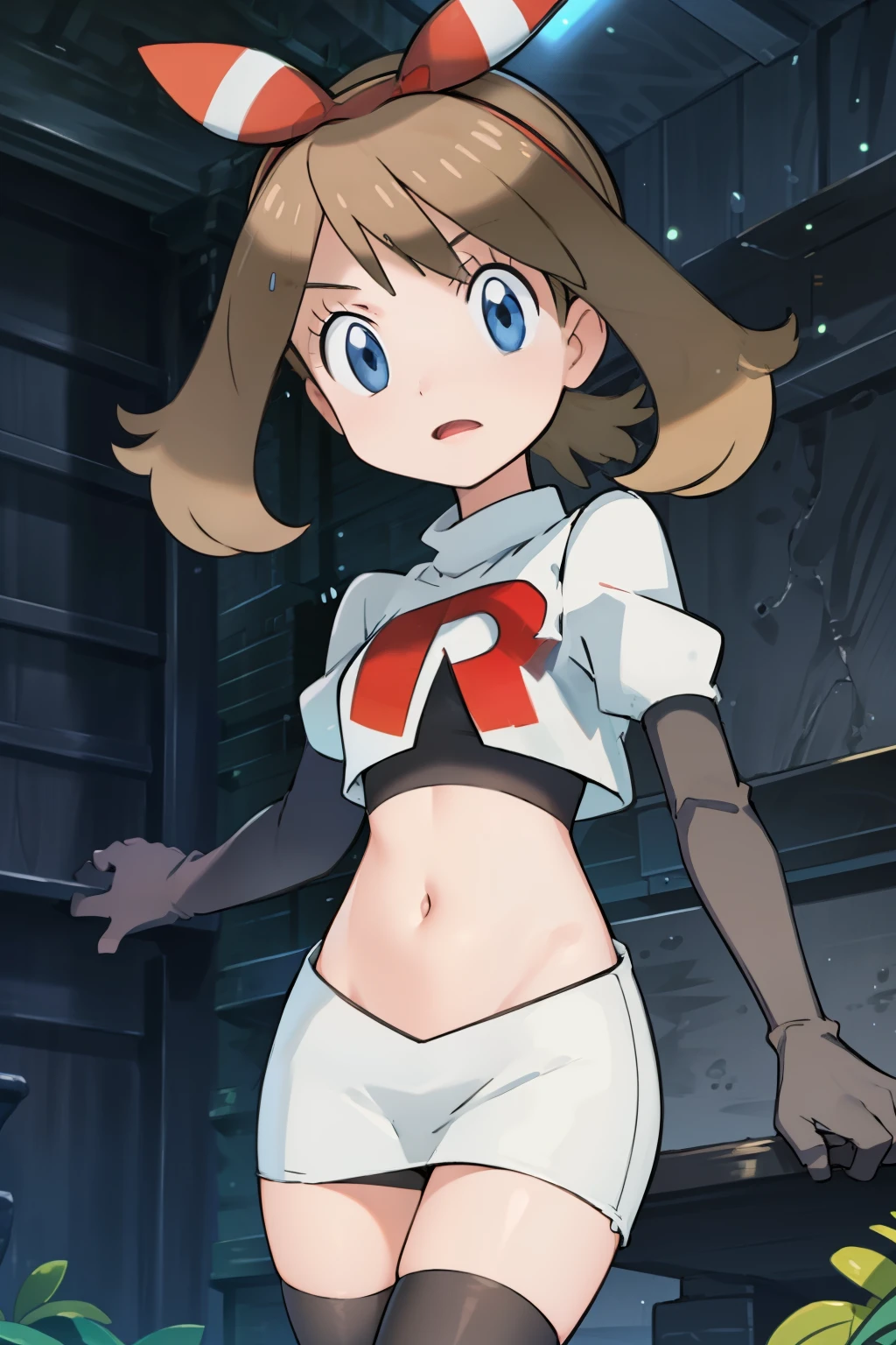 masterpiece, professional lighting, 1girl, adorable, expressive face,haruka_oras, solo, creative frame, creative shot, perfect lighting, best quality, masterpiece, light rays, (absurdres), perfect quality, hair bow, team rocket,team rocket uniform, red letter R, white skirt,white crop top,black thigh-highs,black elbow gloves
