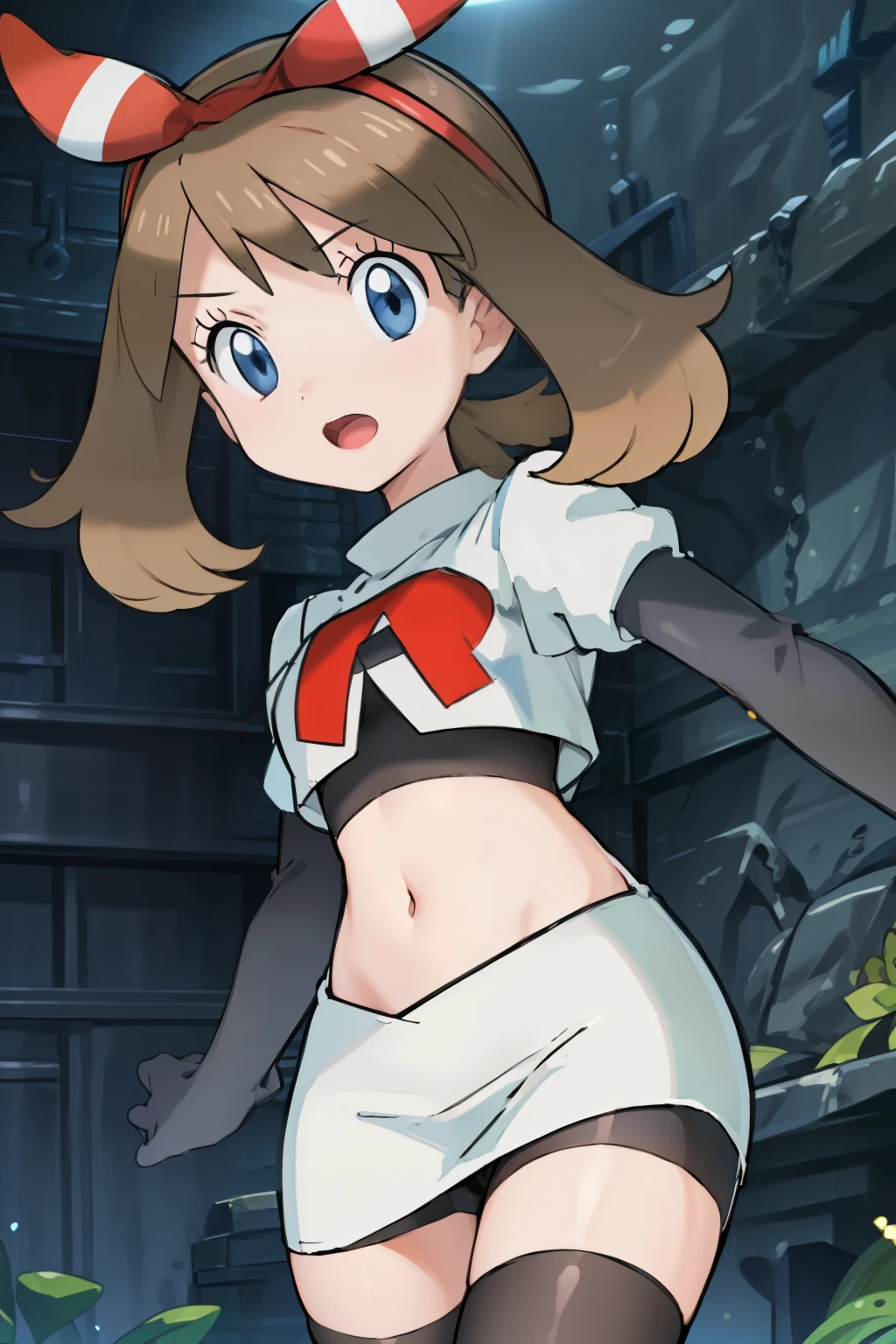 masterpiece, professional lighting, 1girl, adorable, expressive face,haruka_oras, solo, creative frame, creative shot, perfect lighting, best quality, masterpiece, light rays, (absurdres), perfect quality, hair bow, team rocket,team rocket uniform, red letter R, white skirt,white crop top,black thigh-highs,black elbow gloves