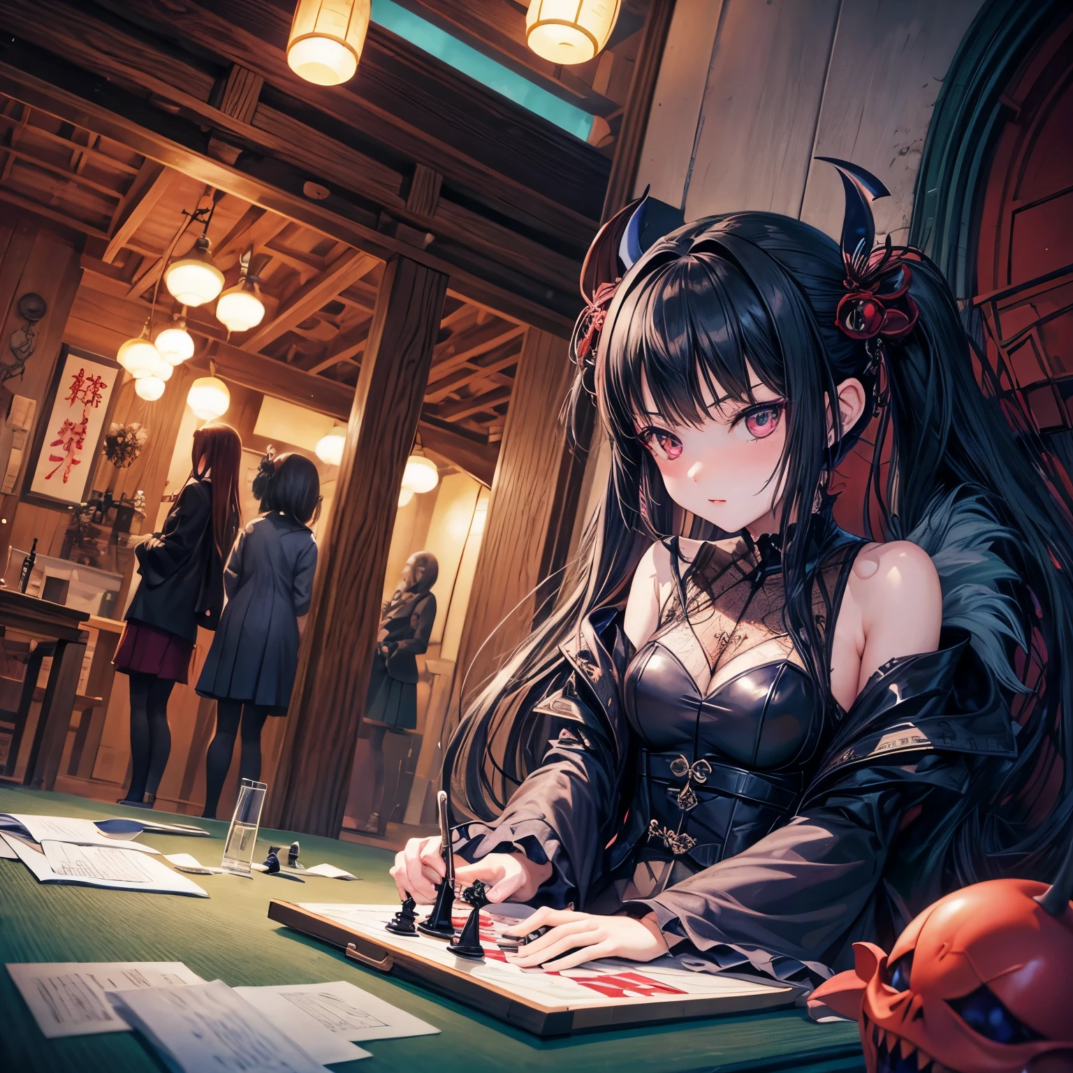Else Wenz-Vietor, Kazue Kato, Mysterious, bizarre, surreal, fantastical, fantasy, Sci-fi, Japanese anime, miniskirt beautiful girl devil and angel playing chess, perfect voluminous body, detailed masterpiece perspective angles 