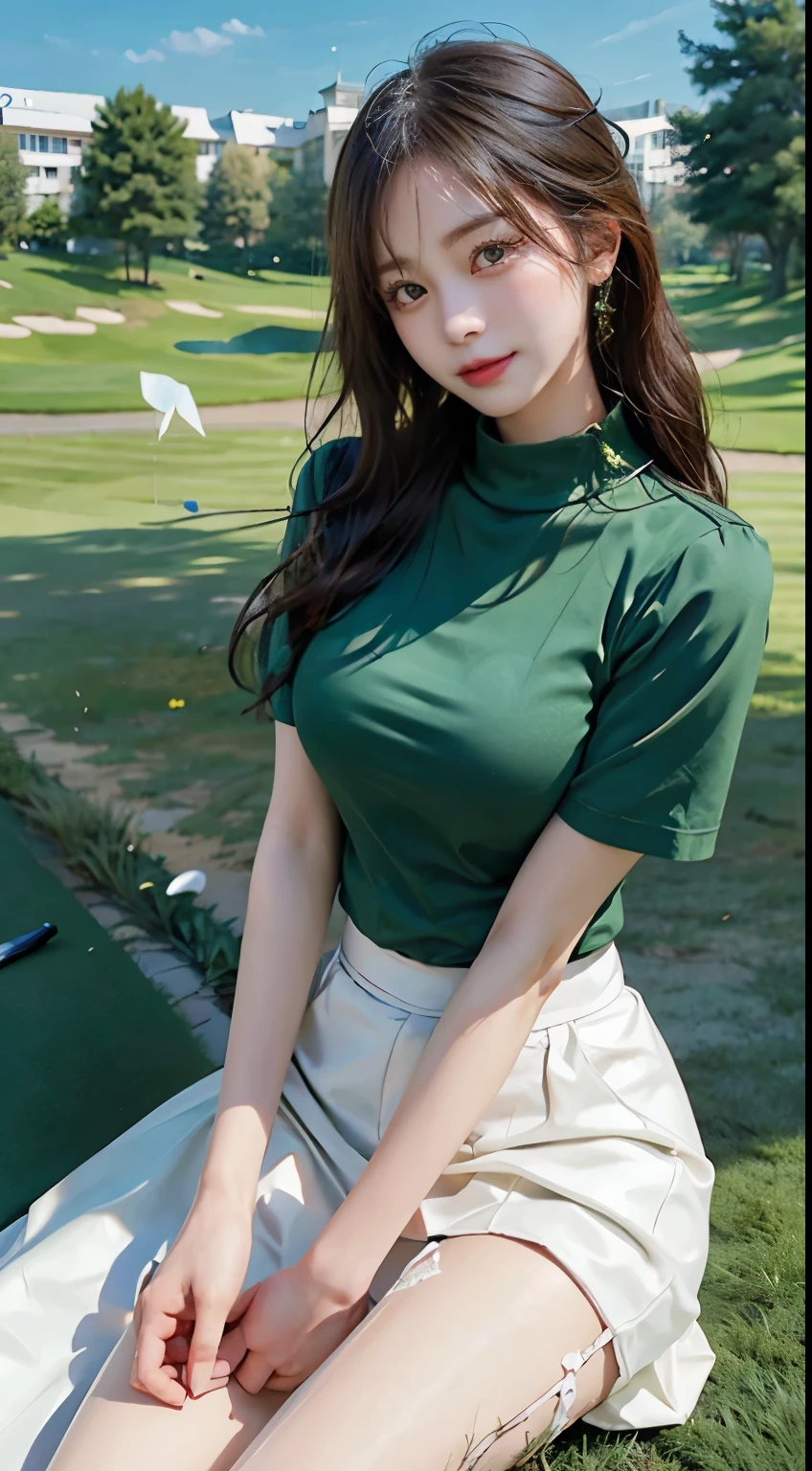 At a quiet golf course with green grass、An elegant beautiful girl is playing。her black hair blows in the wind、Exudes elegance while basking in the sunlight。She is dressed in elegant golf attire.、Hit the ball with a sophisticated swing。her eyes fixed on the course、Her confident smile enhances her beauty。I&#39;m sure he&#39;s good at handling a golf club.、Don&#39;t miss a moment、The ball dancing on the grass is proof of her skill.。Blue skies and green fairways、Coloring the elegant play of a beautiful golfer。