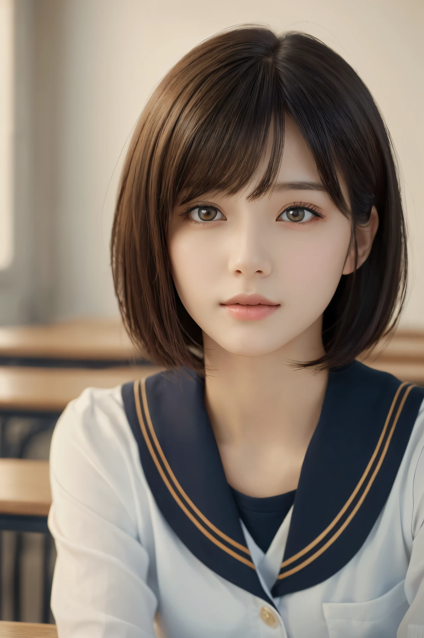 (table top:1.3), (8K, realistic, RAW photo, highest quality: 1.4), Japanese, (1 girl), beautiful face, (realistic face), (black hair), beautiful hair, short hair、bob cut、bangs、realistic eyes, beautiful and fine eyes, (realistic skin), beautiful skin, Charm, Super high resolution, surreal, very detailed, golden ratio,school uniform.