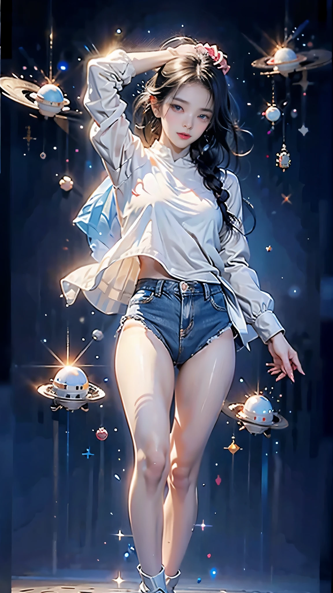 high resolution， Ultra-detailed， 1 girl， wearing spacesuit， view from above， cosmic space， float， moons，Blue Star，， running posture， looki at viewer， sparkling， space background， meat leg， White， full body shot， （masterpiece：1.4）， 8K