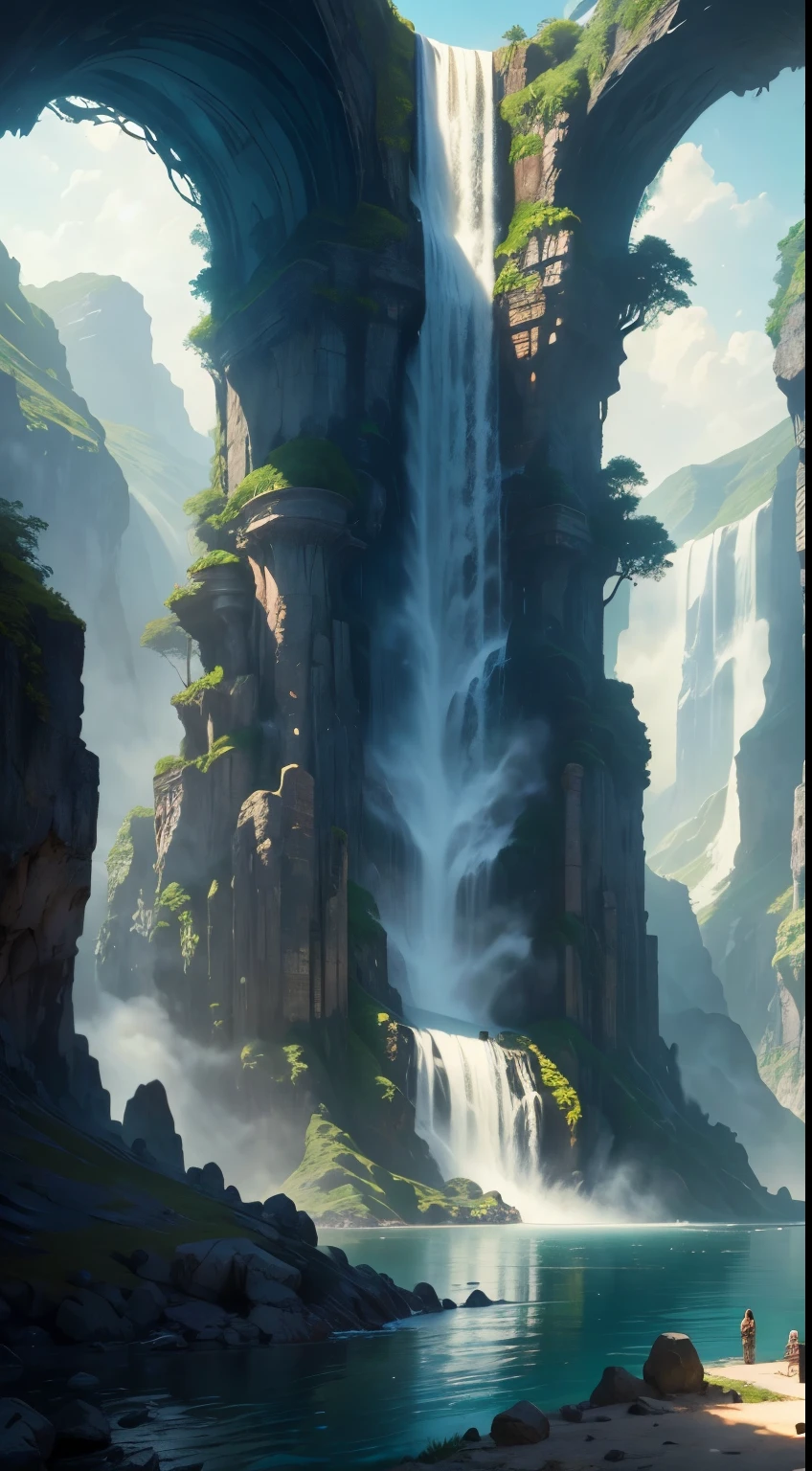 there is a large waterfall in the middle of a mountain, ancient city, epic matte painting of an island, the lost city of atlantis, an aztec city in a island lake, ancient city landscape, lost city of atlantis, marc simonetti. intricate, beautiful concept art, stunning concept art, highly realistic concept art, art style of marc simonetti