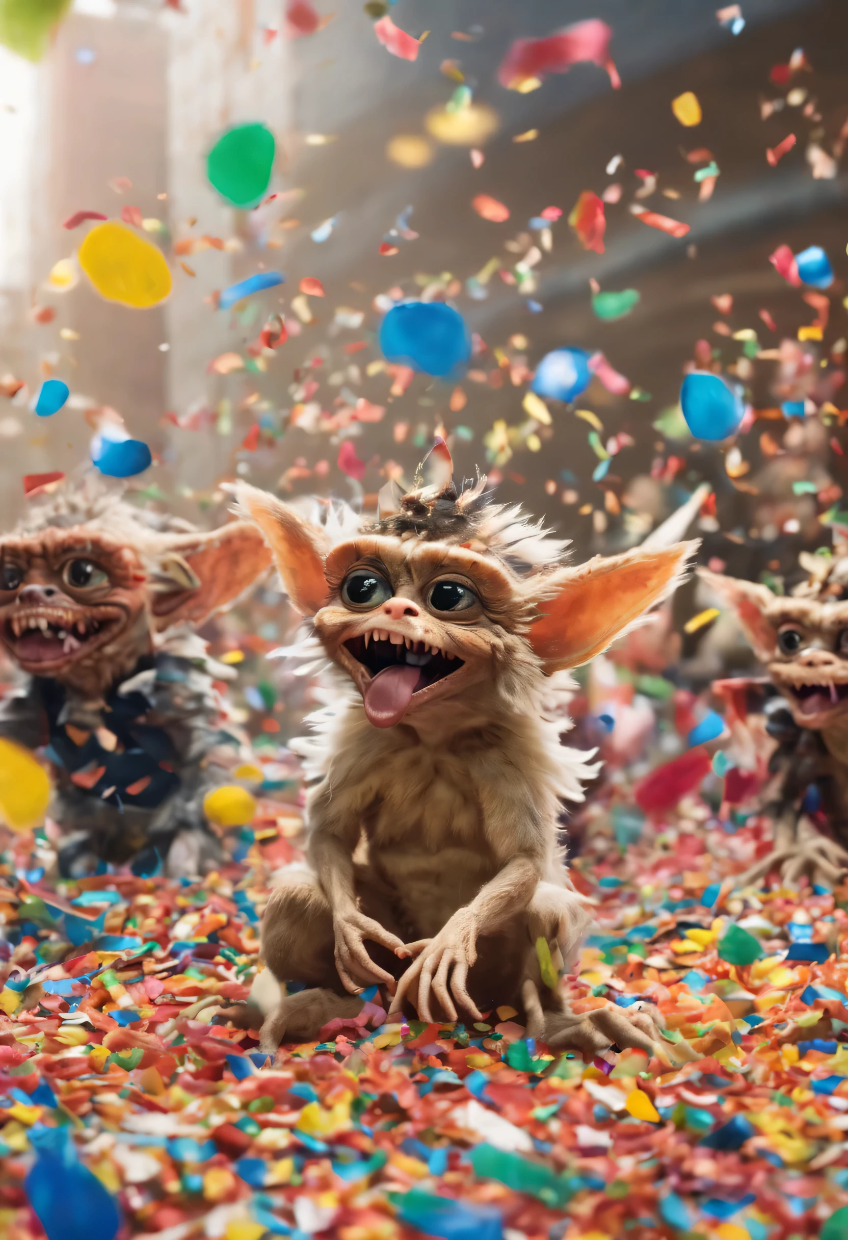 A batch of Gremlins are trashing a shopping mall and playing in a pile of colorful confetti