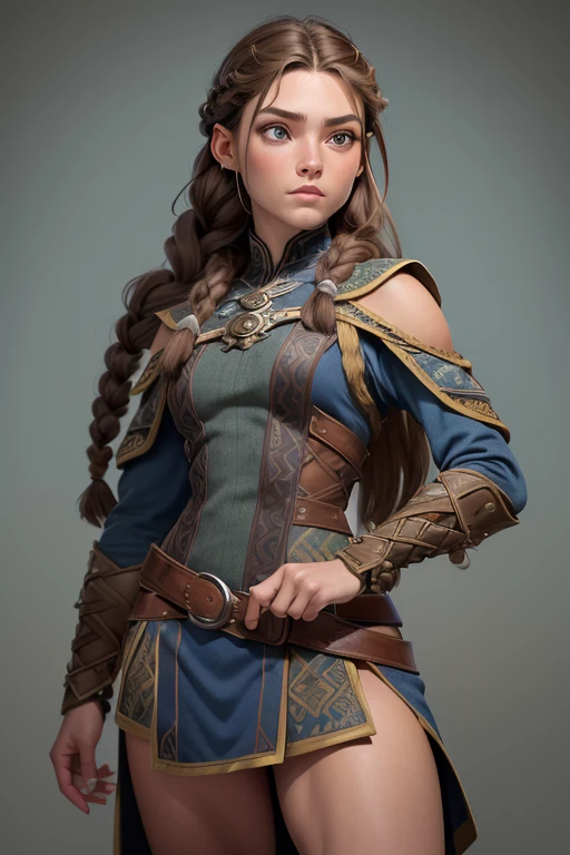 (Obra maestra, La mejor calidad) (young warrior woman of nordic descent), (ojos verdes), (Muscular), (falda de piel), (brown hair color),(loose hair with small braids on the scalp), (top con correa de cuero) plumas, capa sobre el hombro, bufas, (azul, gray and brown suit).